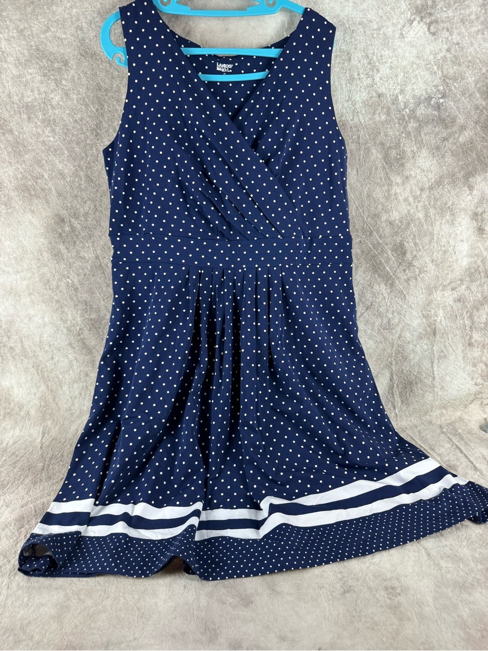 Lands' End Navy Polka Dot Midi Dress with White Stripes Sailor Dress 1X with tag